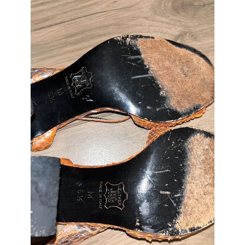 Richard Tyler Orange Snake Print Block Heel Sandals With Transparent Straps - Wo